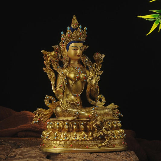 Green Tara Buddha Sculpture: Copper Tibetan-Nepalese Decor
