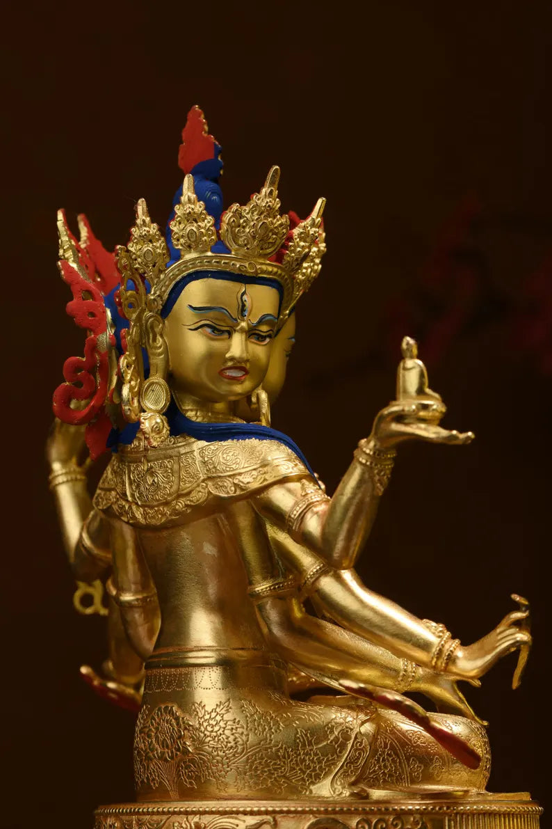 Handmade Brass Ushnishavijaya Buddha Statue: Three-Headed Tibetan Decor