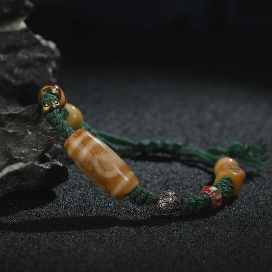 Antique 2-Eye Dzi Bead Bracelet: Handwoven Tibetan Amulet