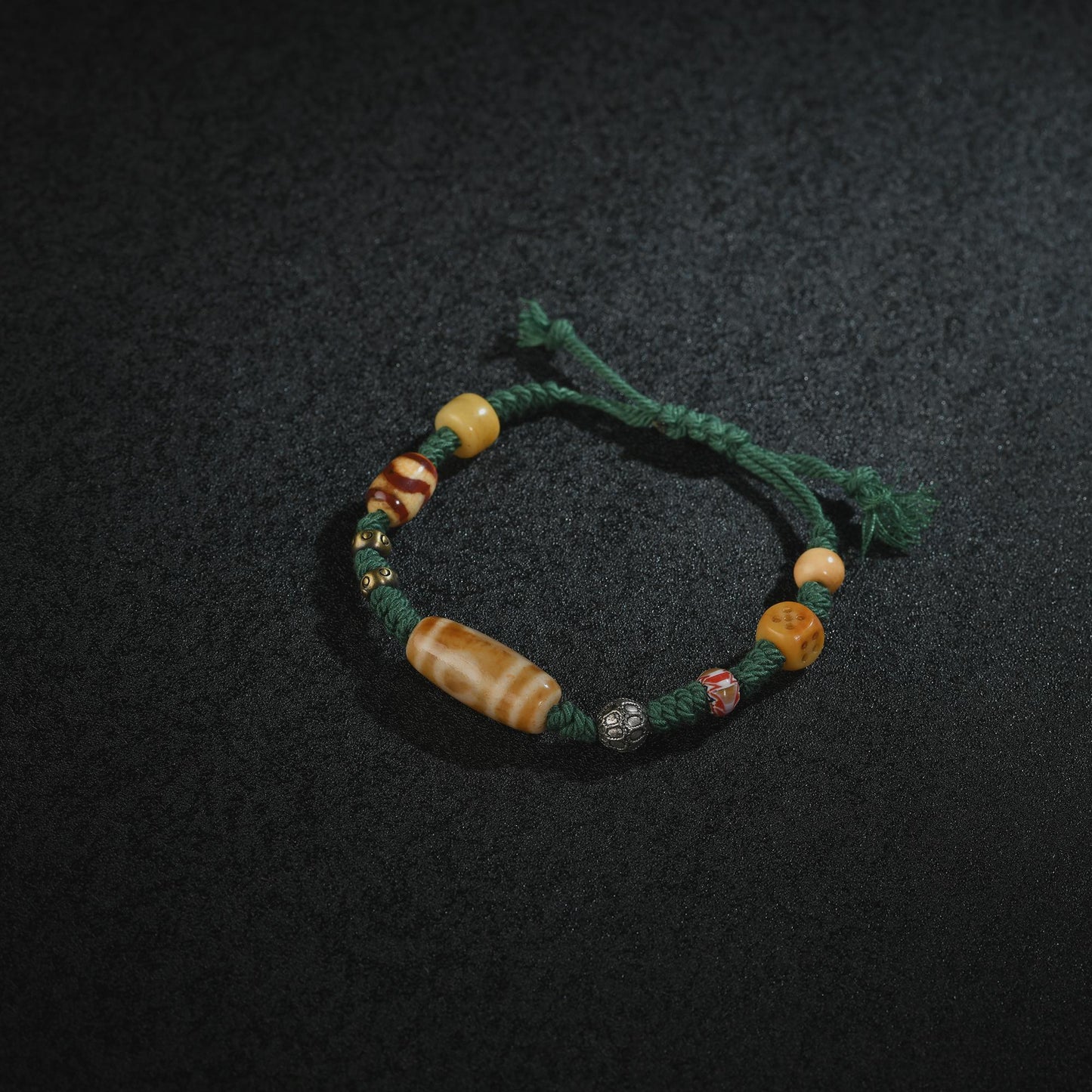 Antique 2-Eye Dzi Bead Bracelet: Handwoven Tibetan Amulet