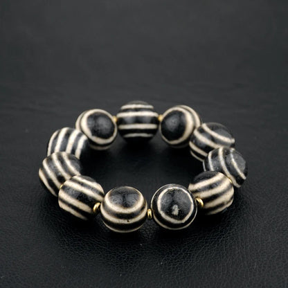 Tibetan/Himalayan antique agate black and white dzi beads, three-row dzi bracelet, rosary, prayer, dome, amulet, amulet,