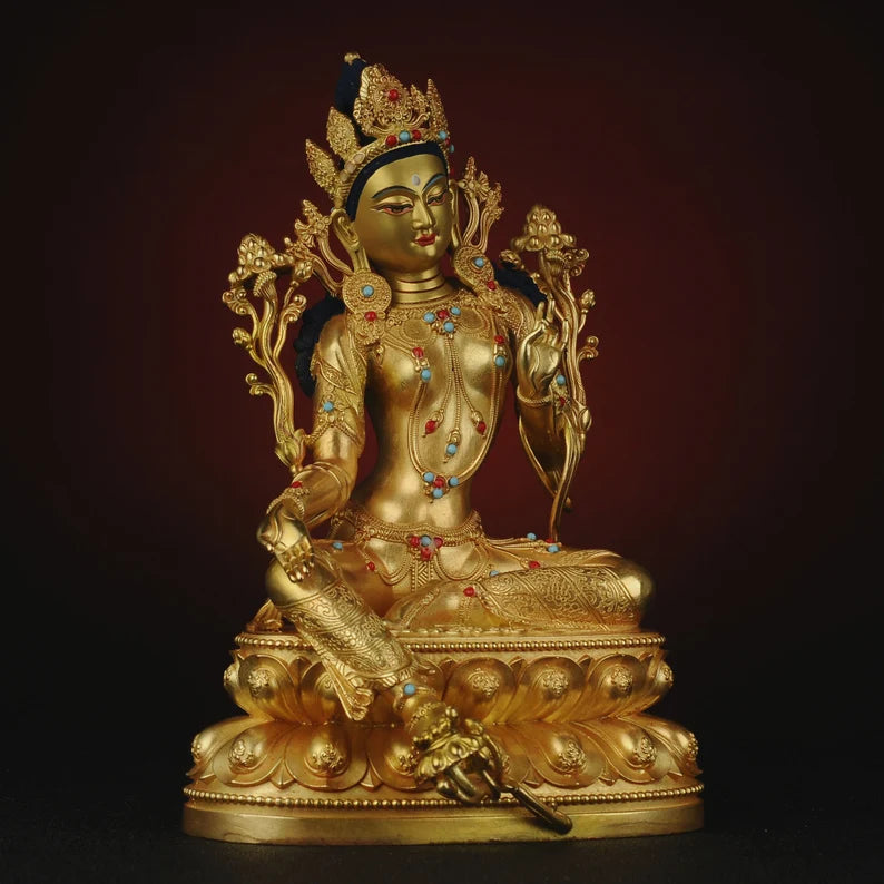 Copper Green Tara Buddha Sculpture: Tibetan Nepalese Decor