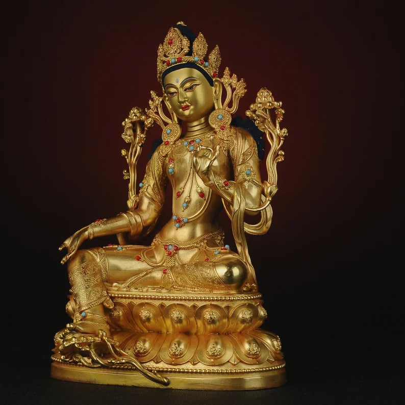 Copper Green Tara Buddha Sculpture: Tibetan Nepalese Decor