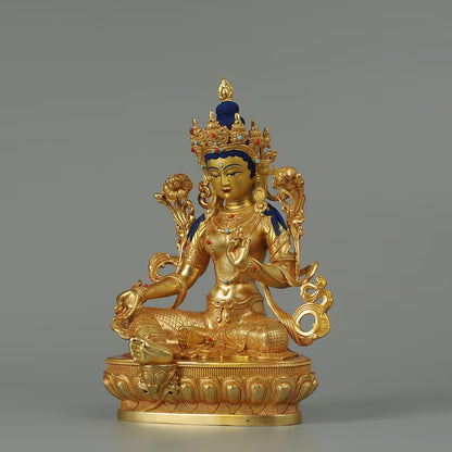 Bronze Green Tara Buddha Statue: Tibet/Nepal Home Decor (14cm x11cm x21cm)