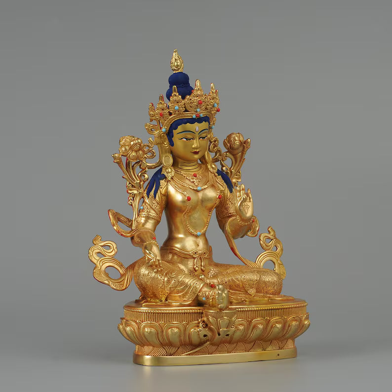 Bronze Green Tara Buddha Statue: Tibet/Nepal Home Decor (14cm x11cm x21cm)
