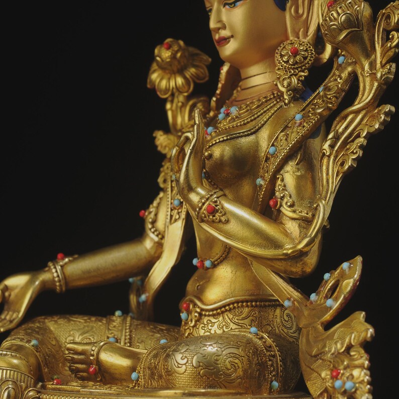 Green Tara Buddha Sculpture: Copper Tibetan-Nepalese Decor