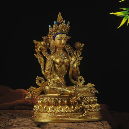 Green Tara Buddha Sculpture: Copper Tibetan-Nepalese Decor