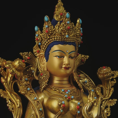 Green Tara Buddha Sculpture: Copper Tibetan-Nepalese Decor
