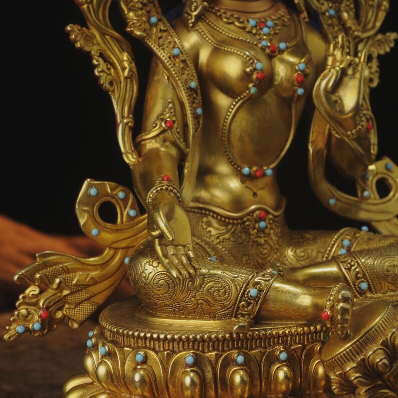 Green Tara Buddha Sculpture: Copper Tibetan-Nepalese Decor