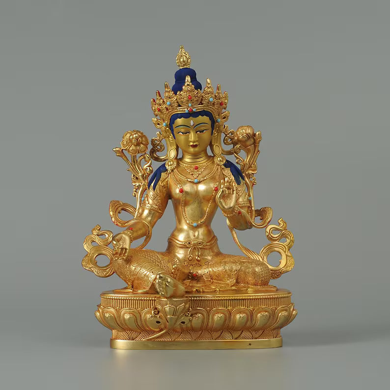 Bronze Green Tara Buddha Statue: Tibet/Nepal Home Decor (14cm x11cm x21cm)
