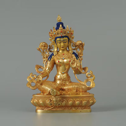 Bronze Green Tara Buddha Statue: Tibet/Nepal Home Decor (14cm x11cm x21cm)
