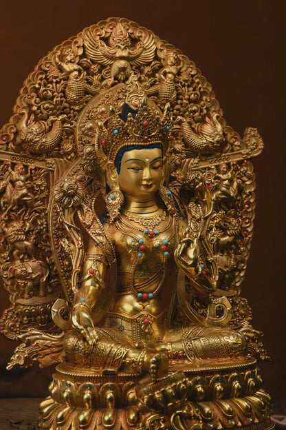 Large Copper Green Tara Buddha Statue: Tibetan Home Decor (27x14x35cm)