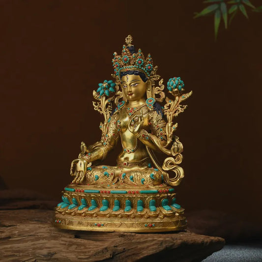 Bronze White Tara Buddha Statue: Tibet/Nepal Home Decor (16cm x12cm x22cm)