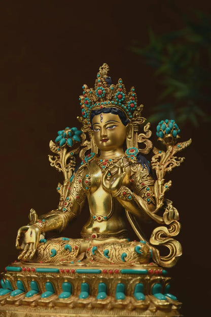 Bronze White Tara Buddha Statue: Tibet/Nepal Home Decor (16cm x12cm x22cm)