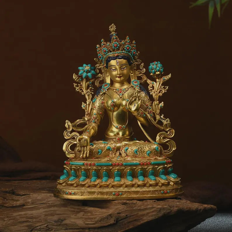 Bronze White Tara Buddha Statue: Tibet/Nepal Home Decor (16cm x12cm x22cm)