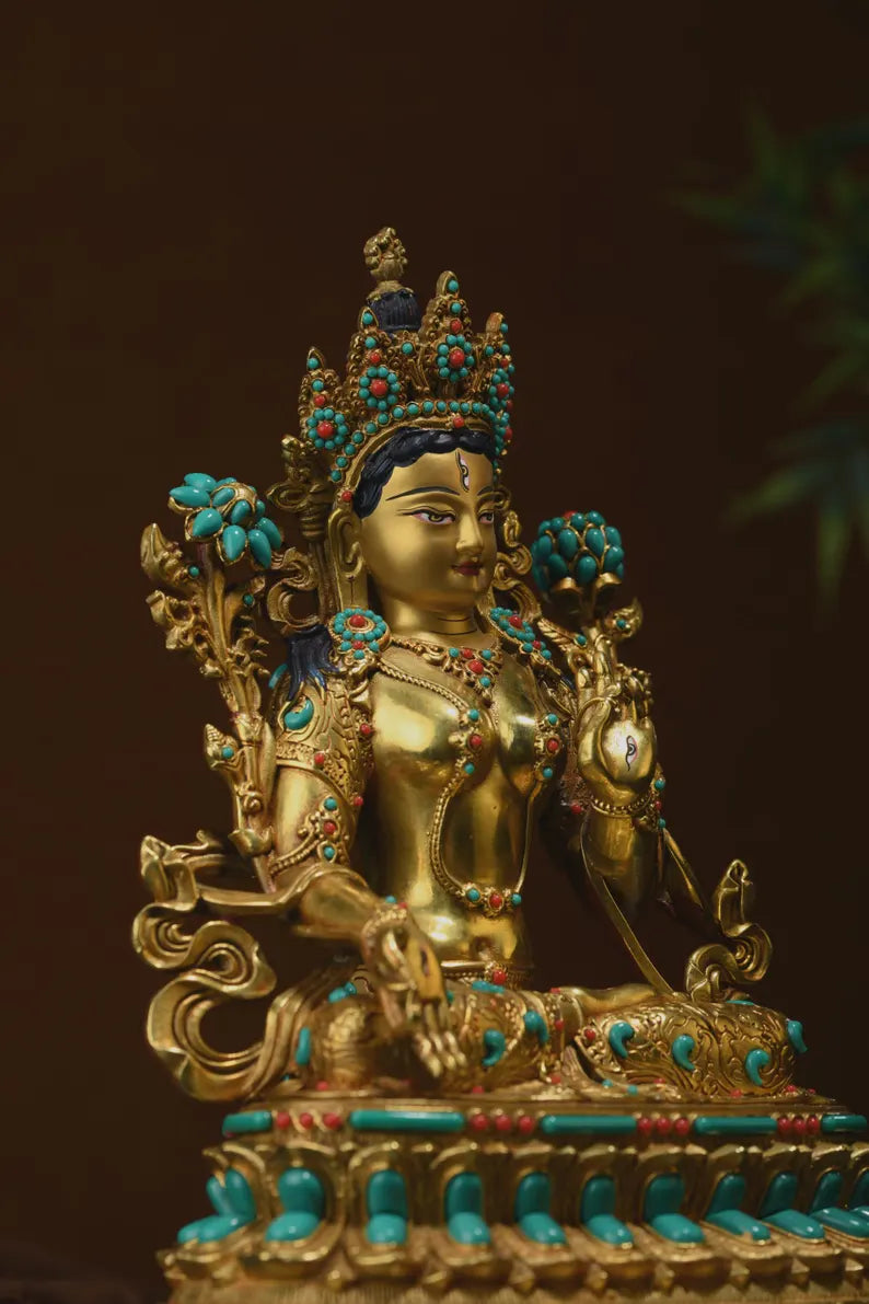 Bronze White Tara Buddha Statue: Tibet/Nepal Home Decor (16cm x12cm x22cm)