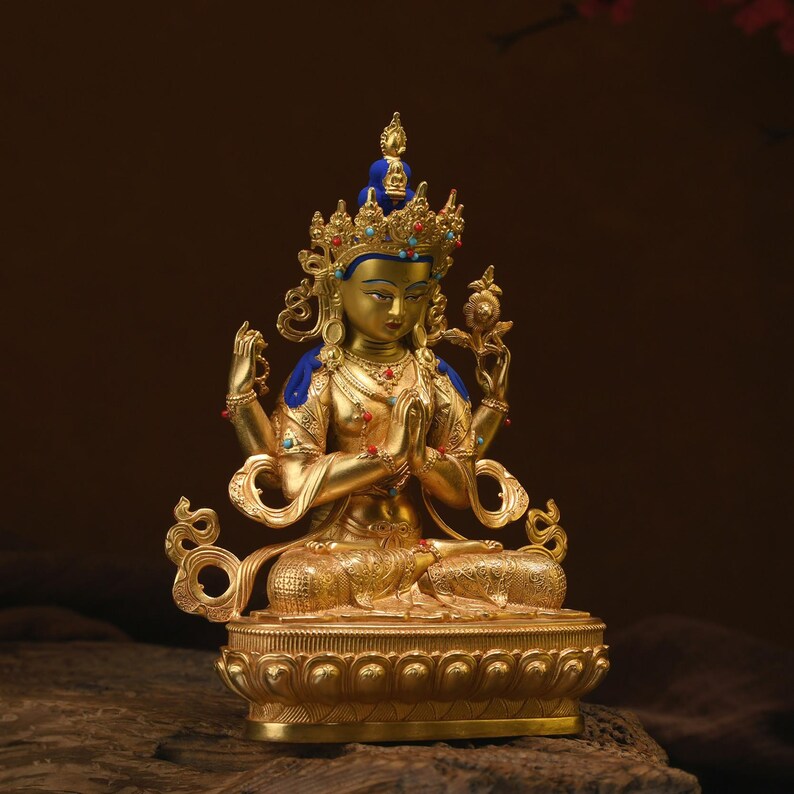 Tibet/Nepal-Seiko-Bronze Buddha Statue (Four-Armed Guanyin)，Home decoration, Buddha sculpture, anniversary, gift, Christmas