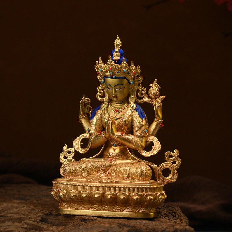 Tibet/Nepal-Seiko-Bronze Buddha Statue (Four-Armed Guanyin)，Home decoration, Buddha sculpture, anniversary, gift, Christmas