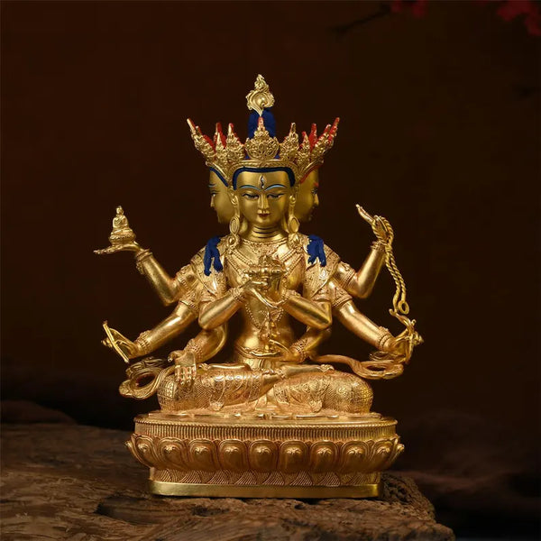 Handmade Brass Ushnishavijaya Buddha Statue: Three-Headed Tibetan Decor