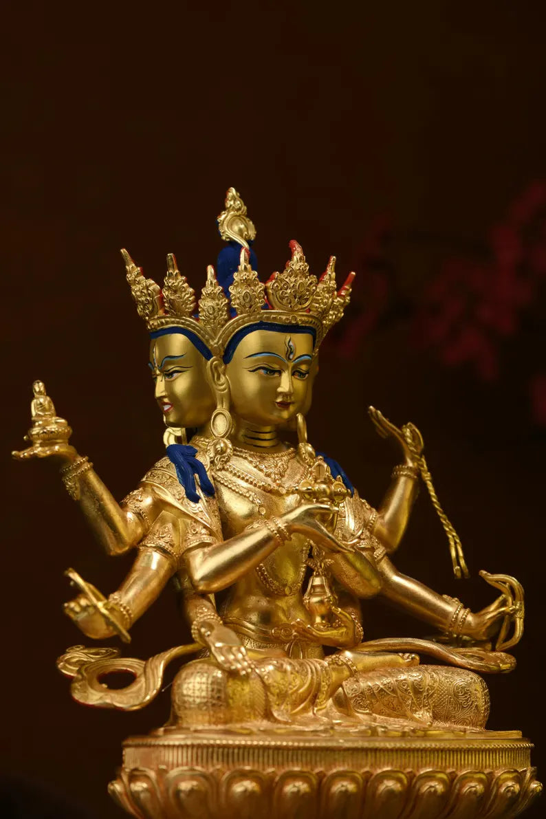 Handmade Brass Ushnishavijaya Buddha Statue: Three-Headed Tibetan Decor