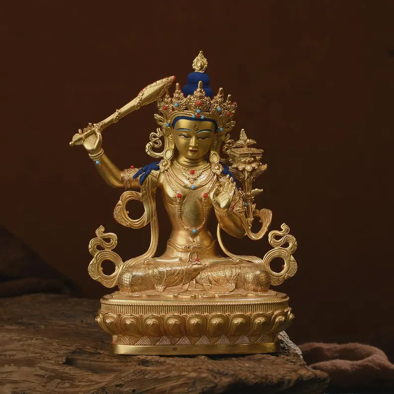 Tibet/Nepal - Manjusri Bodhisattva Statue, Brass Statue, (Sanskrit: Maňjuśrī), Prayer Ceremony，Manjusri，Manjughosha，Vadisimha，Monju