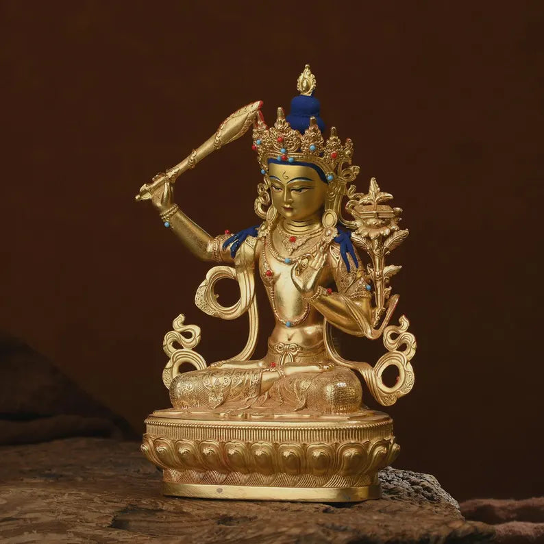 Tibet/Nepal - Manjusri Bodhisattva Statue, Brass Statue, (Sanskrit: Maňjuśrī), Prayer Ceremony，Manjusri，Manjughosha，Vadisimha，Monju