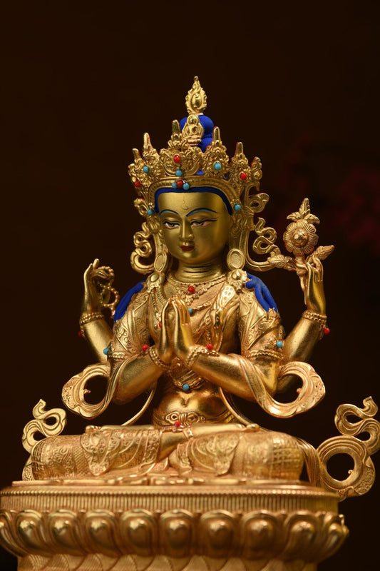Tibet/Nepal-Seiko-Bronze Buddha Statue (Four-Armed Guanyin)，Home decoration, Buddha sculpture, anniversary, gift, Christmas
