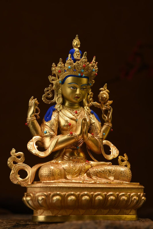 Tibet/Nepal-Seiko-Bronze Buddha Statue (Four-Armed Guanyin)，Home decoration, Buddha sculpture, anniversary, gift, Christmas
