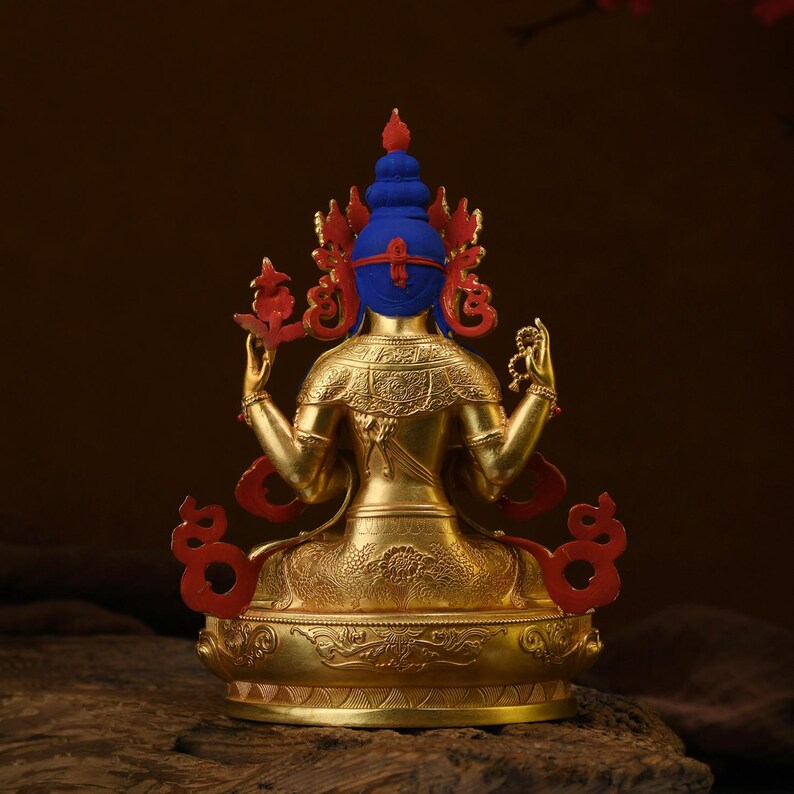 Tibet/Nepal-Seiko-Bronze Buddha Statue (Four-Armed Guanyin)，Home decoration, Buddha sculpture, anniversary, gift, Christmas