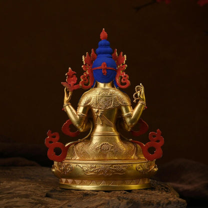 Tibet/Nepal-Seiko-Bronze Buddha Statue (Four-Armed Guanyin)，Home decoration, Buddha sculpture, anniversary, gift, Christmas