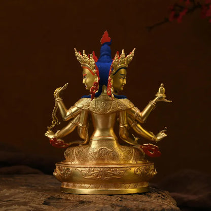 Handmade Brass Ushnishavijaya Buddha Statue: Three-Headed Tibetan Decor