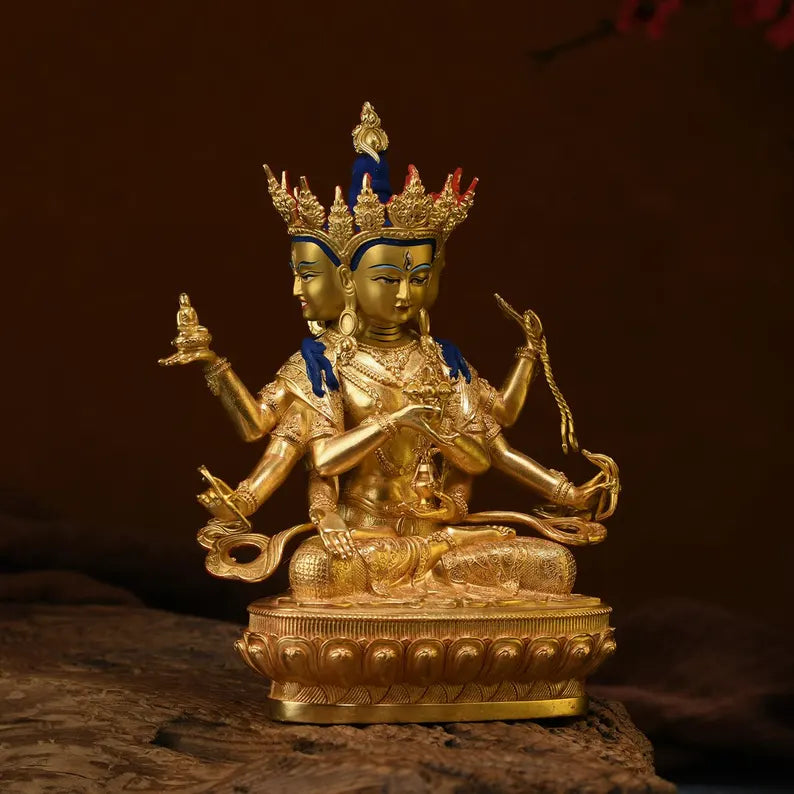 Handmade Brass Ushnishavijaya Buddha Statue: Three-Headed Tibetan Decor