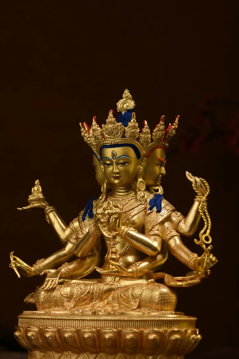 Handmade Brass Ushnishavijaya Buddha Statue: Three-Headed Tibetan Decor