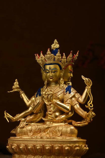 Handmade Brass Ushnishavijaya Buddha Statue: Three-Headed Tibetan Decor