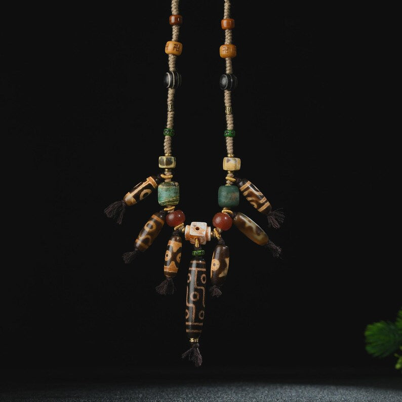 Tibetan/Himalayan Antique Necklace, Dzi Agate Bracelet, Hand Woven Bodi Dzi Necklace Chain, Prayer, Gift, Amulet