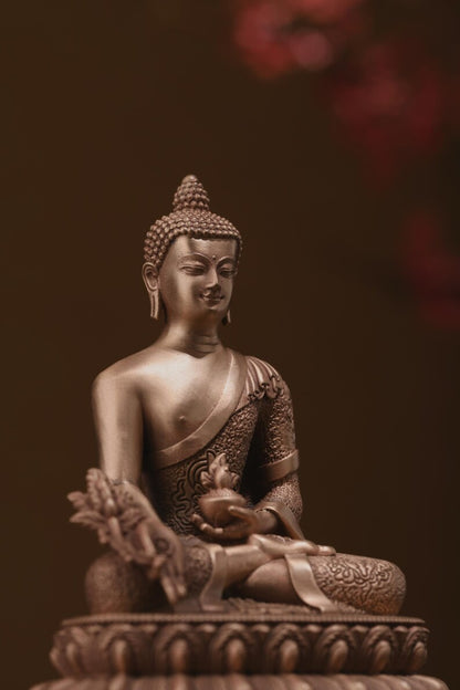 Medicine Rishi Light Tathagata,(Medicine Buddha), Sanskrit Bhai? ajya guru vaid rya prabh arajja, Bronze Buddha, prayer, ritual.