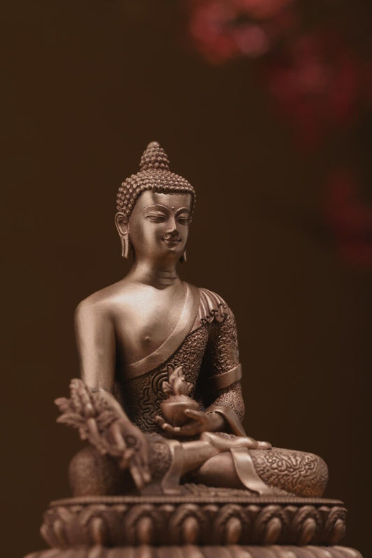 Medicine Rishi Light Tathagata,(Medicine Buddha), Sanskrit Bhai? ajya guru vaid rya prabh arajja, Bronze Buddha, prayer, ritual.