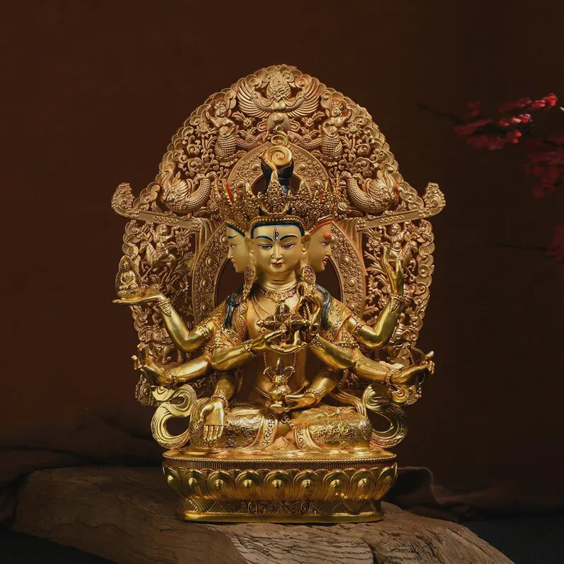 Handmade Brass Ushnishavijaya Buddha Statue: Three-Headed Tibetan Decor