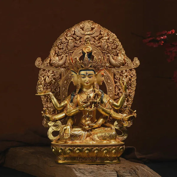 Handmade Brass Ushnishavijaya Buddha Statue: Three-Headed Tibetan Decor