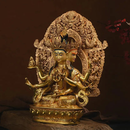 Handmade Brass Ushnishavijaya Buddha Statue: Three-Headed Tibetan Decor