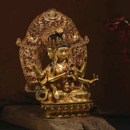 Handmade Brass Ushnishavijaya Buddha Statue: Three-Headed Tibetan Decor