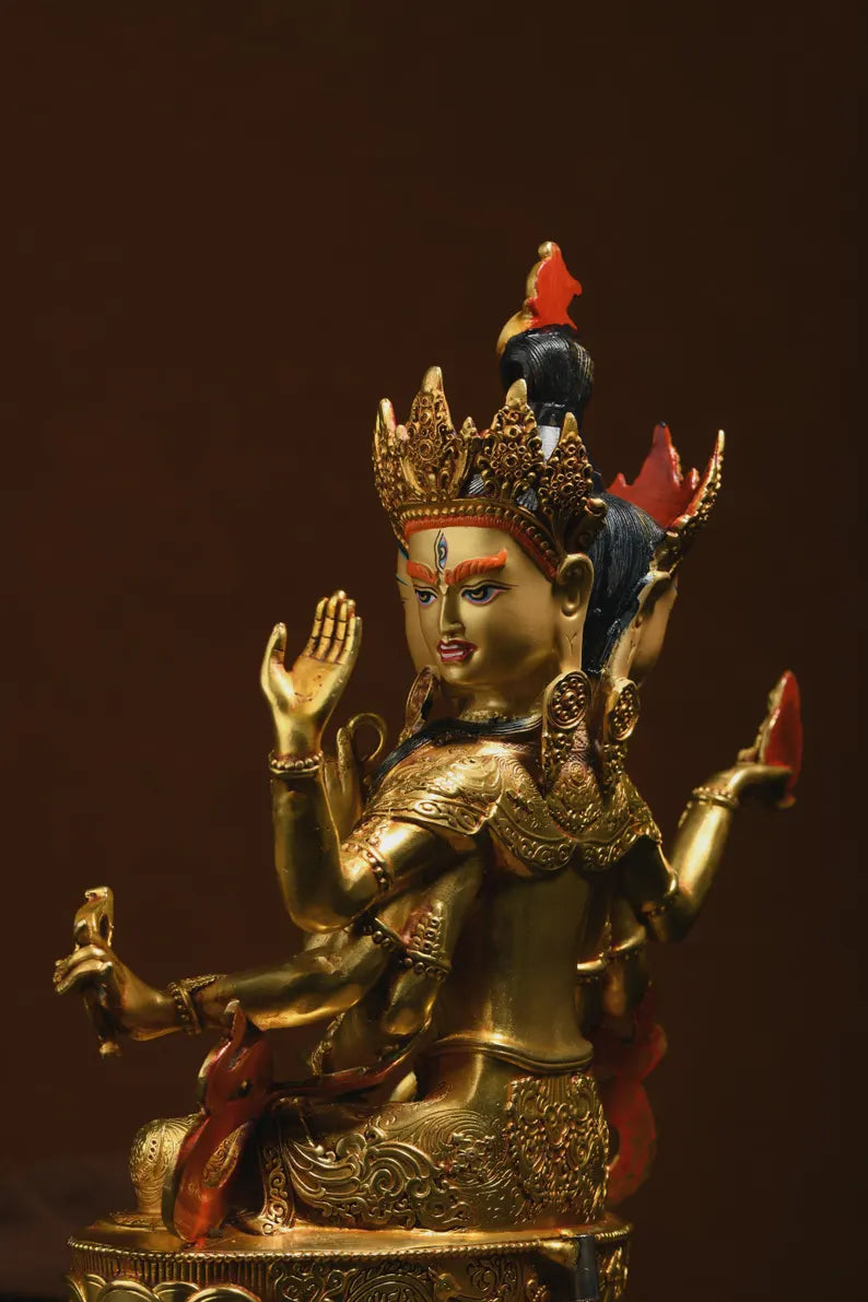 Handmade Brass Ushnishavijaya Buddha Statue: Three-Headed Tibetan Decor
