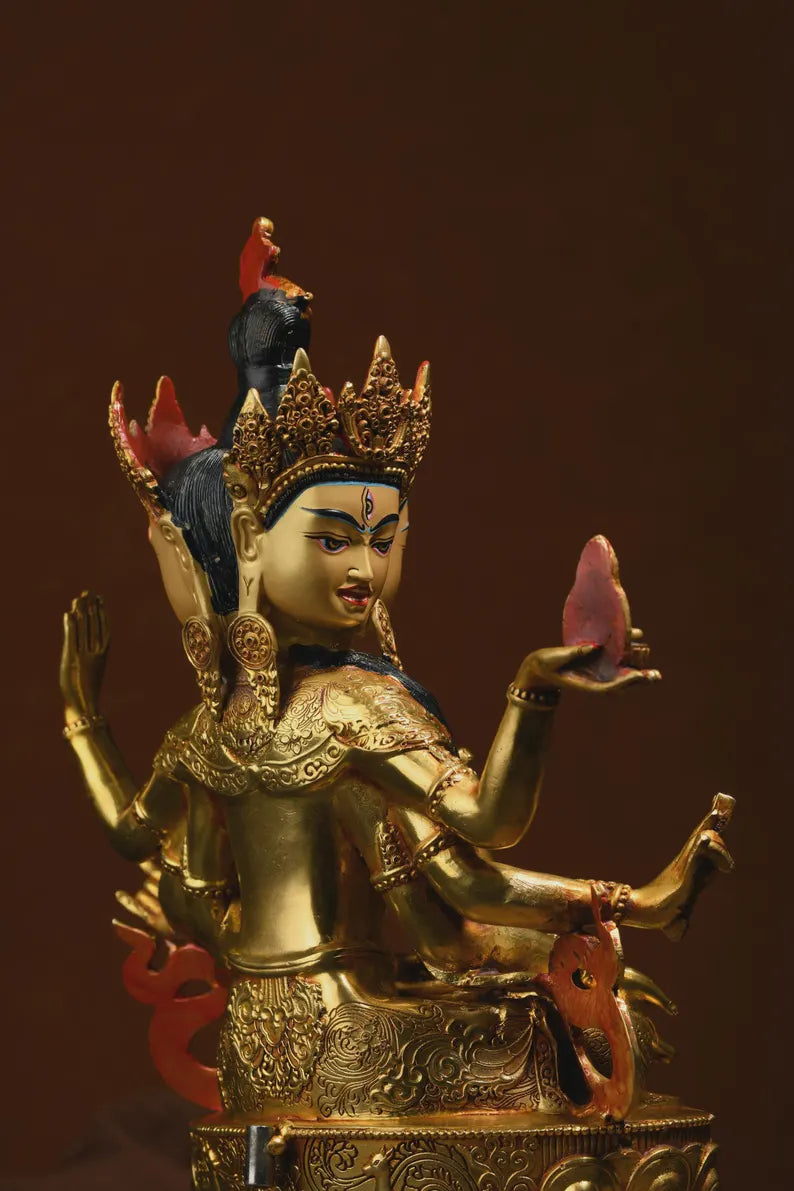 Handmade Brass Ushnishavijaya Buddha Statue: Three-Headed Tibetan Decor