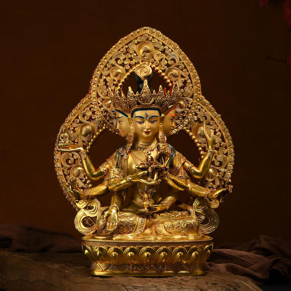 Handmade Brass Ushnishavijaya Buddha Statue: Three-Headed Tibetan Longevity Deity