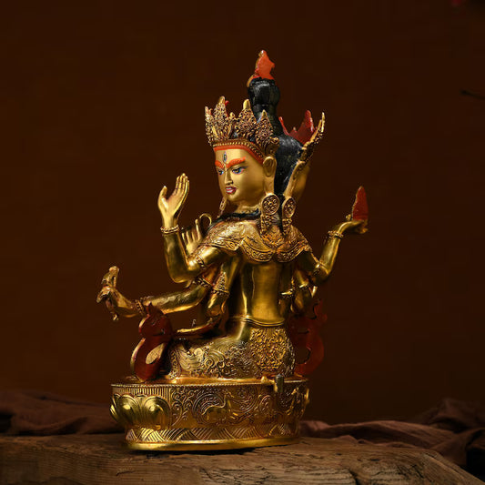 Handmade Brass Ushnishavijaya Buddha Statue: Three-Headed Tibetan Longevity Deity