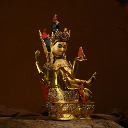 Handmade Brass Ushnishavijaya Buddha Statue: Three-Headed Tibetan Longevity Deity