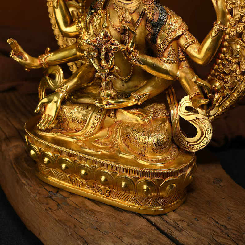 Handmade Brass Ushnishavijaya Buddha Statue: Three-Headed Tibetan Longevity Deity