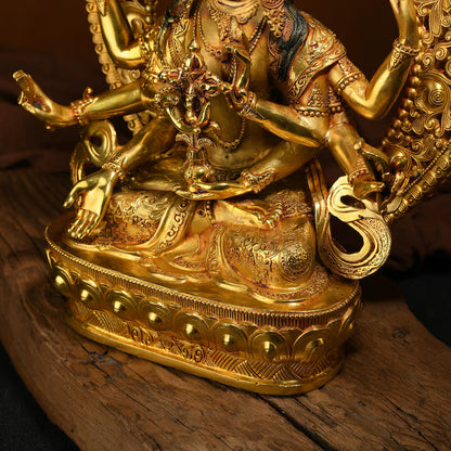 Handmade Brass Ushnishavijaya Buddha Statue: Three-Headed Tibetan Longevity Deity