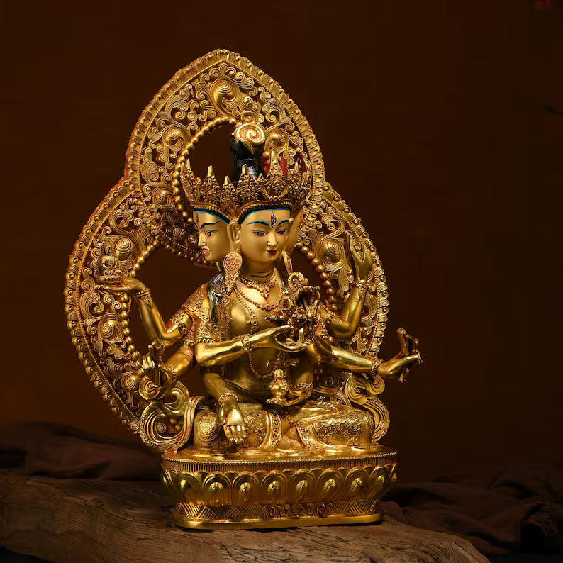 Handmade Brass Ushnishavijaya Buddha Statue: Three-Headed Tibetan Longevity Deity