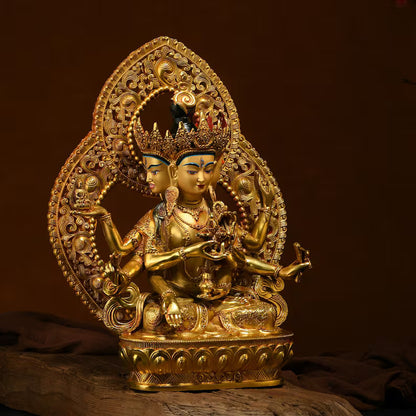 Handmade Brass Ushnishavijaya Buddha Statue: Three-Headed Tibetan Longevity Deity